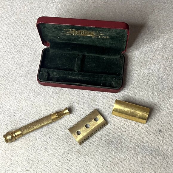 1920s Ball End Gold Tone Gillette Safety Razor Three Piece Set with Case - Picture 7 of 9